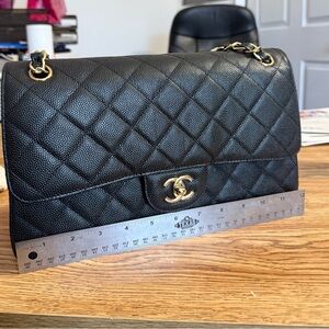 CC Black Quilted Shoulder Bag with Gold Accents
